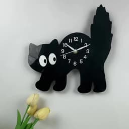 A Fun and Cute Little Black Cat Crystal Porcelain Wooden Wall Clock for Living Room, Bedroom, Kitchen, Home Decoration, Silent Quartz Clock, Holiday Gift 12inch 14inch (No Battery)