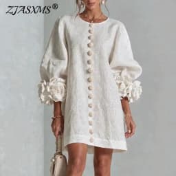 Elegant Solid Dresses Women Round Neck Lantern Sleeve 3D Flower Cuff Decorative Button Loose Short Dress Casual Streetwear Dress