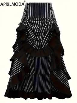 Gothic High Low Irregular Black Midi Long Skirt Bow Back White Striped Ruffles Adjustbale Steampunk Vintage Victorian Skirts Emo