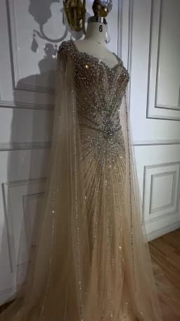 Serene Hill 2025 Customized Nude Cape Sleeves Beaded Saudi Arabic Evening Dresses Gowns for Formal Occasion LA72575A