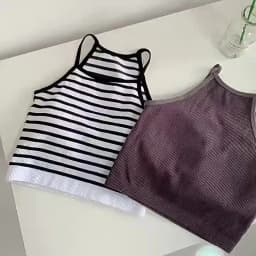 Korean Version Women Tank Tops Thread Solid Casual Fashion Crop Top with Chest Pad Stripe Sleeveless Outer Wear Basic Camisole