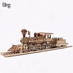 Ury 3D Wooden Puzzle Retro Steam Train with Track Railway Bridge Handmade Assembly Truck Model DIY Toys Decoration Gift for Kids