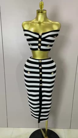 Sexy Off Shoulder Striped Button Two Piece Mini Bandage Set 2025 Women Celebrity Designer Evening Party Luxury Birthday Outfit