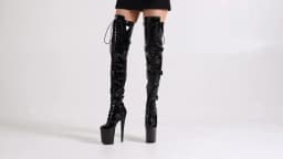 20CM Extreme High Knee Boots for Pole Dance | Black Patent Leather Lace-Up & Buckle Strap | Non-Slip Sole Stage Performance Shoe