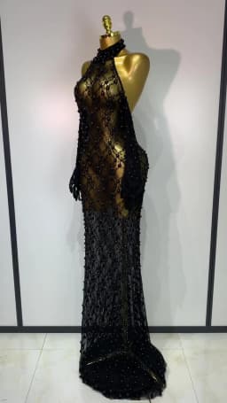 Women Luxury Black Pearls Lace Backless See Through Long Dress With Gloves Evening Club Party Celebrity Elegant Stage Costume