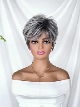 Short Natural Wigs with Bangs Soft Mommy Hair Daily Use Short Grey Ombre Curly Synthetic Hair Costume Party Wig for Women