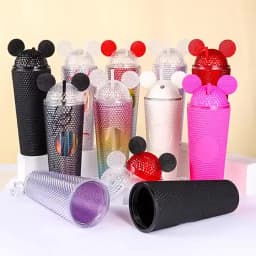 LUSQI 2pcs/set Water Bottles With Studded Mouse Ear Dome Lids Large And Small Water Cups Summer Winter Drinkware With Straws