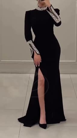 Elegant Solid High Slit Party Dress Temperament Long Sleeve Slim Evening Gala Dress Turtleneck Rhinestone Banquet Dress Women