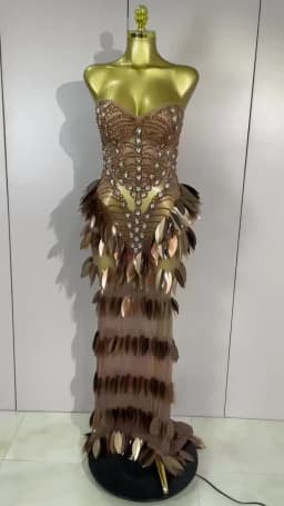 Sexy Sparkly Diamonds Leaf Strapless Mesh See Through Long Dress Birthday Evening Celebrate Party Nightclub Bar Show Stage Wear