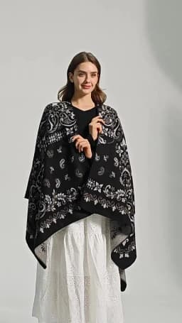 Women Geometric Jacquard Poncho Shawl Oversize Vintage Open Front Faux Cashmere Cape Autumn Winter Casual Travel Warm Wrap