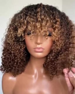 Short Afro Kinky Curly Wig With Bangs Peruvian Highlight Brown Glueless Full Machine Wig 250 Density For Black Women Human Hair