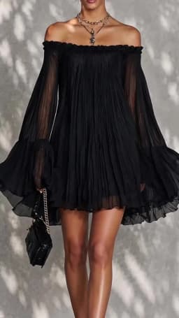 Vintage Solid Off Shoulder Mini Dress Pleated Sheer Flared Long Sleeve Ruffle Trim Loose Flowy Dress Summer Travel Party Dresses