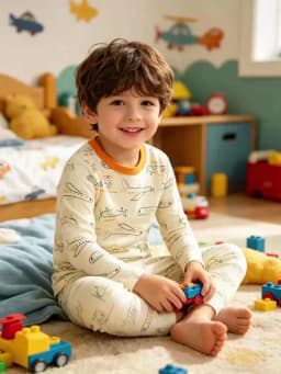 Children's 100% Cotton Sleepwear Set with Full Printed Cartoon Airplane Long Sleeved Long Pajamas for Children Aged 1-8 2Ps