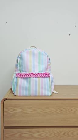 Rainbow Striped Backpack Light Colored Schoolbag With Adjustable Shoulder Straps And Pink Pleated Lace Design Fashion