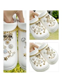 24PCS Luxury Design Shoe Charms Set Accessories for Clogs Shoe Buckle Gold Plated Bear Rhinestone Bow Chain DIY Shoes Decoration