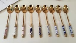 Stainless Steel Dessert Spoon Ceramic Long Handle Icecream Spoon Teaspoon Gold Coffee Cake Fruit Milk Spoon Kitchen Tableware