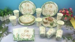 Green Leaves Gold Disposable Tableware Oh Baby Paper Plates Cups Napkins Kids Birthday Baby Shower Party Gender Reveal Supplies