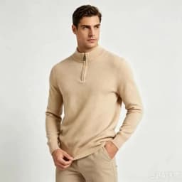 Winter New 100% Pure Wool Sweater Men's Half High Collar Zipper Sweater Warm Casual Loose Knitted Versatile Base Sweater Camel
