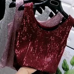 Sparkling Sequins Round Neck Vest Women's Outer Wear 2022 Summer New Bright Silk Fashion Glitter Bottoming Shirt Suspender Top