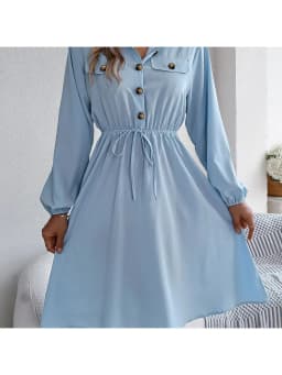 Autumn Winter Dresses for Women Casual Solid Color Button Tie Up Long Sleeved Shirt Dress Blue Green Black Red Woman Clothing