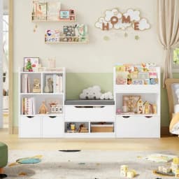 Getone Toy Storage Unit, Children's Bookcase 183cm, Kid's Room Furniture with Bench, children's shelf with 3 Drawers 183.5X94.5X29.8 cm