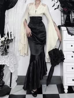 Goth Dark Asymmetrical Maxi Skirts Bottoms Mall Goth Party Halloween High Rise Mermaid Skirts for Women Cosplay Dresses Outfits