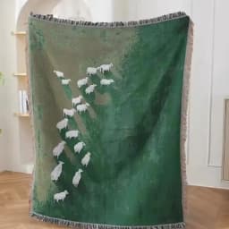 Textile City Sheep Herd Green Meadow Jacquard Woven Throw Blanket Whimsical Countryside Farm Animal Fringed Decor Sofa Blanket