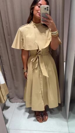 Women's Trench Style Midi Dress Stand Collar Cape Overlay Short Sleeve Belted Waist A‑Line Dresses Autumn Elegant Office Outfits