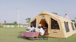 SucceBuy Inflatable Tents for Camping Easy Setup Blow up Tent with Hand Pump Glamping Tent with Skylight Stove Jack Mesh Windows