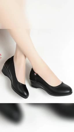 Spring Women Cute Stylish Round Toe Shallow Mouth Black Pu Leather Pumps Casual Comfort Wedge Heel Anti-slip Shoes