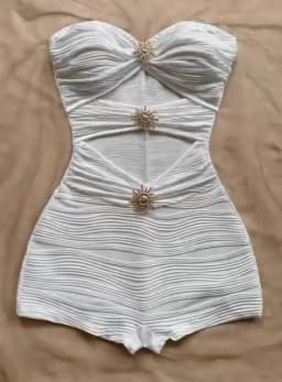 Summer White Bodycon Romper, Strapless with Sun Metal Accents