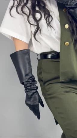 Unisex Black Real Leather Gloves Oversize Puff Sleeves Wide Elbow Long Genuine Goatskin Winter Warm Glove Evening Party Costume