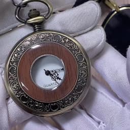 Antique Red Wood Decorated Half Hunter Bronze Quartz Pocket Watch Fob Chain Pendant Pocket Clock Vintage Timepiece Gift Male