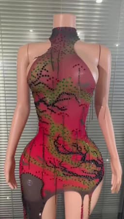 Luxurious Red Gradient Sequined High-Neck Sheer Dress, Asymmetrical Skirt Party Dress, Suitable for Bar, Dancers' Performances
