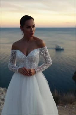 Customized Off Shoulder Lace Long Sleeves Glitter Tulle Skirt High Slit Bridal Dress For Wedding Dress For Rustic Beach Wedding