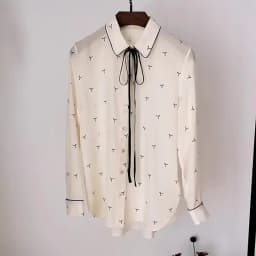 Birdtree 100%Real Silk Women Lace-up Shirt Bow Collar Vintage Print Long Sleeve Commute Blouse Office Lady 2024 Spring T41115QM