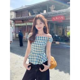 Women's Off Shoulder Gingham Blouse Summer Slim Fit Plaid Floral Print Short Sleeve Peplum Top Blue