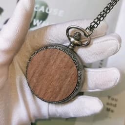 Walnut/Beech Wood Slice Decor Quartz Pocket Watch Grey Black Alloy Metal Watch Case Arabic Numerals Dial Pendant Necklace Watch