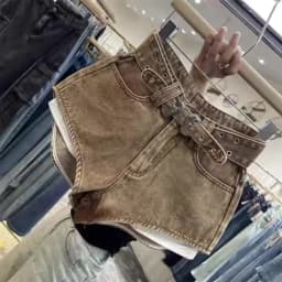 Retro Brown Shorts with A Cut Waistband High Waist Personalized Fashion Wide Leg Hot Pants Shorts Women