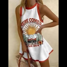2025 Summer Casual print loose mini Dresses For Woman Fashion Beach Marine elements Dress o-neck Sleeveless party Dress