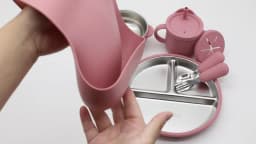 Silicone Stainless Steel Tableware 7-Piece Set, Bib, Plate, Bowl, Stainless Steel Spoon, Fork, Multifunctional Water Cup Set