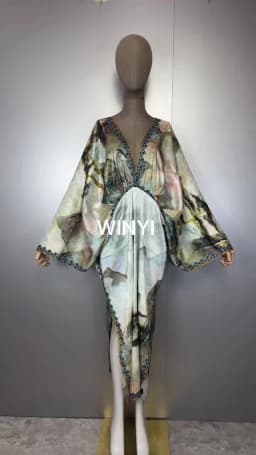 WINYI Bohemian Summer Beach Dress High Quality Double Sided Boho Printing Elegant Silk Maxi Dress Women Evening Party Kaftan