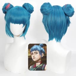 Arcane Jinx Cosplay Wig Blue Pink Highlight Short Synthetic Wig With Optional Double Buns For Halloween Game Role Play Costume
