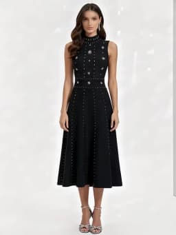 Elegant Slim Long Sleeveless Beaded Black Dress for Women Sexy Vintage Fashion Party Dress Hot Sale Female Vestidos De Festa