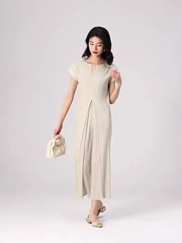 Miyake Fold 2024 Fall New Slimming V-neck French Dress For Women Advanced Short-sleeved Waist Elegant Commuter Dress
