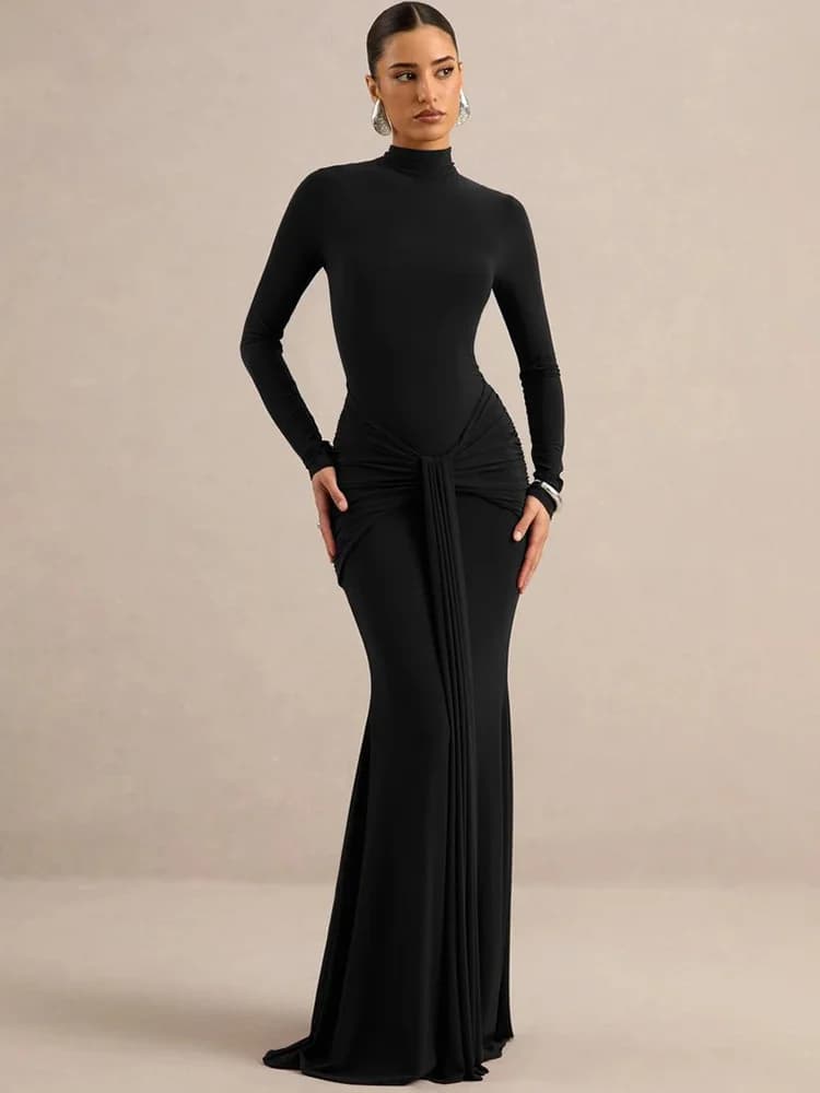 Mozision High Neck Long Sleeve Mermaid Maxi Dress Women Slim Ruched Waist Bodycon Floor Length Evening Party Formal Dress