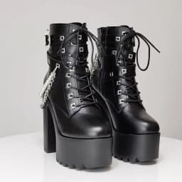 Gdgydh Women's PU Leather High Heel Platform Ankle Boots Fashion Chain Stylish Gothic Punk Lace-Up Chunky Heel Booties with Zip