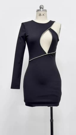Women's New Black Round Neck One Shoulder Sleeves Decorated Diamond Chain Sexy Dress Women's Tight Party Evening Elegant Dress