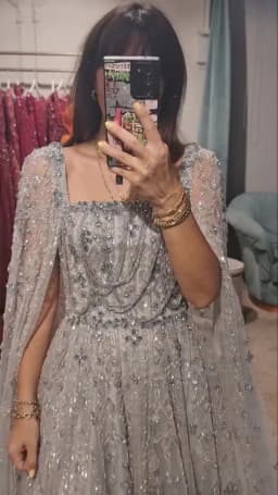 MisShow Customized Silver Gray Wedding Dress - Square Neckline with Crystal Beading, Sheer Cape Sleeves & Sparkling A Line Skirt