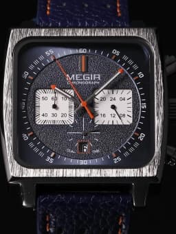 MEGIR Square Dial Chronograph Quartz Watches for Men Fashion Blue Leather Strap Casual Sport Wristwatch with Date 24-hour 2182